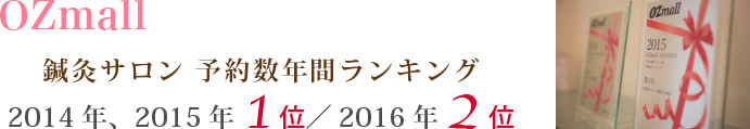 OZmall 鍼灸サロン 予約数年間ランキング 2014年、2015年 １位／2016年 2位